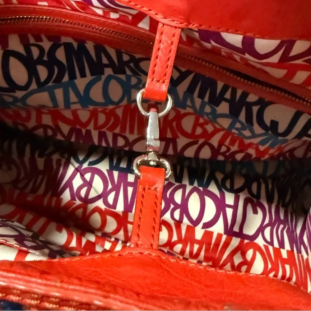 MARC JACOBS Large Tote SAMI Red Orange Navy Woven Weaved w/ Leather Trim Handle